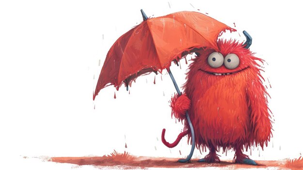 roter süßer Monstercharakter mit vollem Körper und rotem Regenschirm
