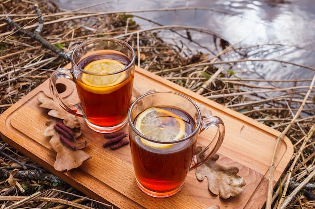 Roter Tee mit Zitrone in den Glasbechern auf der Natur.