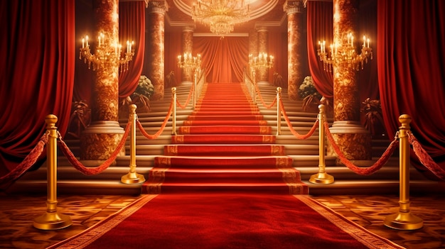 Roter Teppich Bollywood-Bühne Maroon-Schritte Spotlicht Hintergrund der Golden Regal Awards Generative KI