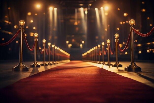 Roter Teppich mit goldenen Stangen und Lichtern in der Nacht Luxus-Event-Konzept