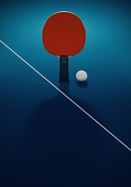 Foto roter tischtennis oder tischtennisschläger und ball auf einem blauen tisch. 3d-illustration. plakat für turnier mit kopierraum.