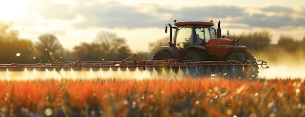 Roter Traktor fährt durch ein Feld