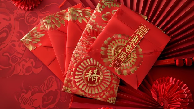 Roter Umschlag mit einer Schriftrolle auf rotem Hintergrund Übersetzung Ein wohlhabendes und wohlhabendes chinesisches Neujahr