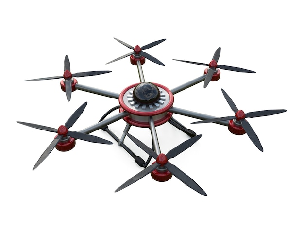 Roter und grauer Hexacopter lokalisiert auf einem weißen Hintergrund. 3D-Darstellung.