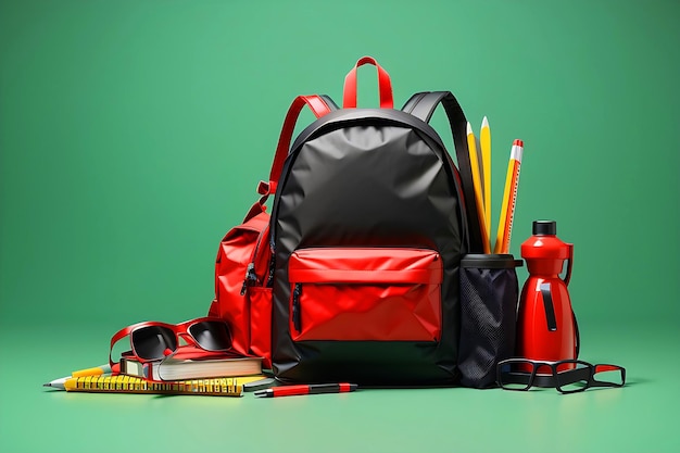 Foto roter und schwarzer rucksack und schulausrüstung zurück zur schule