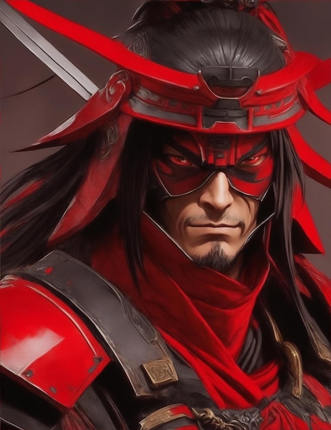 Roter und schwarzer Samurai-Shogun mit Helm und Maskenillustration