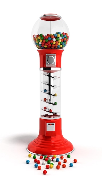 Roter Vintage-Gumballspender aus Glas und reflektierendem Kunststoff mit Chromverkleidung, gefüllt mit mehrfarbigen Gummibällen auf einem 3D-Render-isolierten weißen Hintergrund