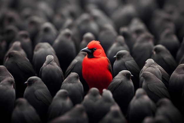 Foto roter vogel steht zwischen einer auffallenden präsenz