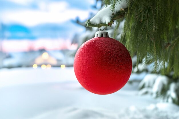Roter Weihnachtsball auf Kiefern und Schnee