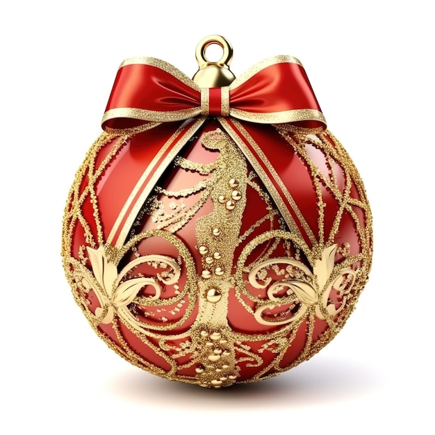 Roter Weihnachtsball mit Band und goldenem Muster, isoliert auf weißem Hintergrund Generativ ai