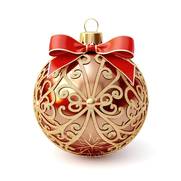 Roter Weihnachtsball mit Band und goldenem Muster, isoliert auf weißem Hintergrund Generativ ai