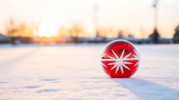 Roter Weihnachtsball mit Schneeflocke auf weißem Schnee im Winter