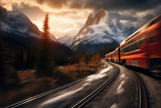 Roter Zug auf Bahnschienen in der Nähe von Bergen