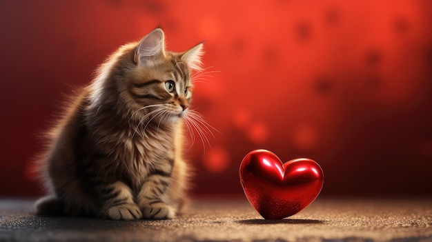 Rotes 3D-Herz in der Nähe der Katze perfekt zum Ausdrücken von Liebe und Zuneigung