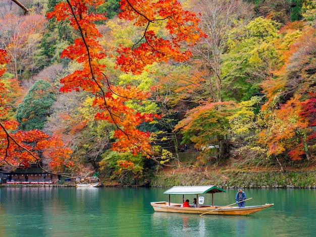 Rotes Ahornblatt und Katsura-Fluss bei Arashiyama, Kyoto.