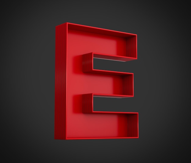 Foto rotes alphabet e mit innerem schatten isoliert auf schwarzem hintergrund 3d-darstellung