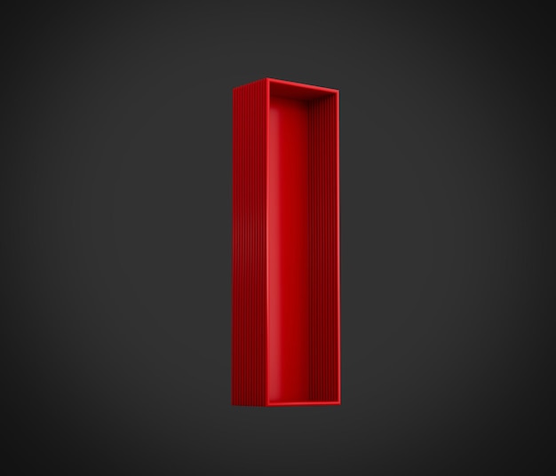 Rotes Alphabet I mit innerem Schatten isoliert auf schwarzem Hintergrund 3D-Darstellung
