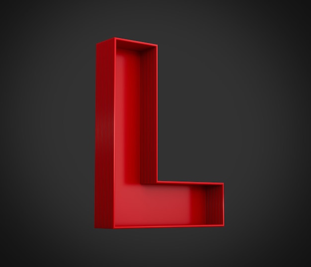 Rotes Alphabet L mit innerem Schatten isoliert auf schwarzem Hintergrund 3D-Darstellung