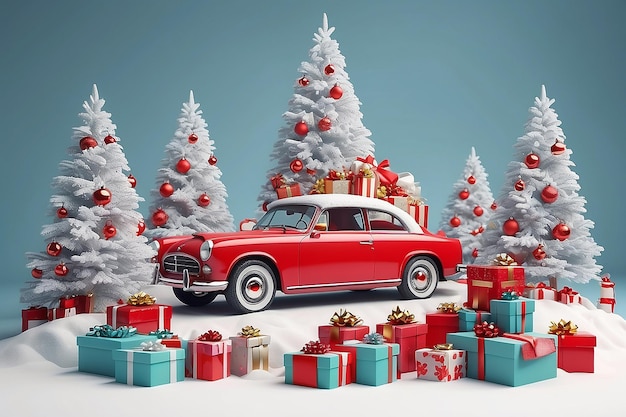 Rotes Auto mit Geschenken Schnee Neujahr 2024 Weihnachtsbaum Dekorationen Winter und Urlaub Konzept 3D-Rendering