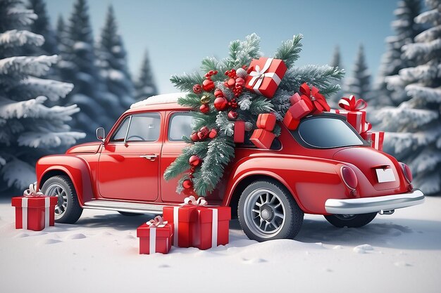 Rotes Auto mit Geschenken Schnee Neujahr 2024 Weihnachtsbaum Dekorationen Winter und Urlaub Konzept 3D-Rendering