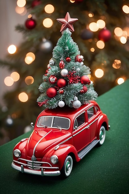 Rotes Auto-Spielzeug mit einem Weihnachtsbaum oben