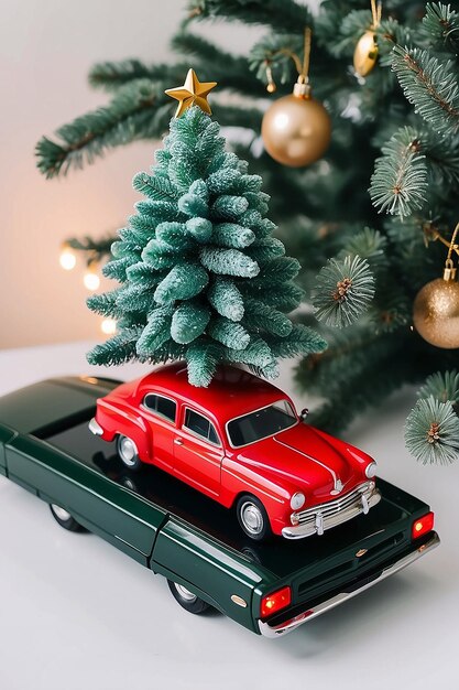 Rotes Auto-Spielzeug mit einem Weihnachtsbaum oben