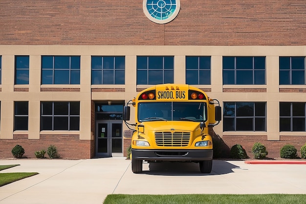 Rotes Backstein-Schulgebäude mit einem gelben Schulbus an der Vorderseite, der bereit ist, Schüler nach Hause zu bringen oder abzulassen