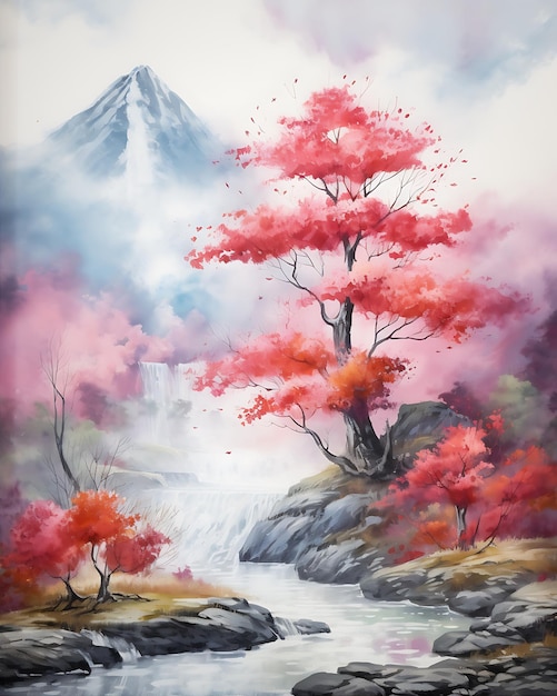 Rotes Baum Aquarellmalerei mit Wald-Hintergrund