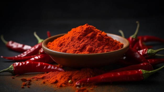 Rotes Chilipulver in einer Schüssel mit Chilis auf schwarzem Hintergrund