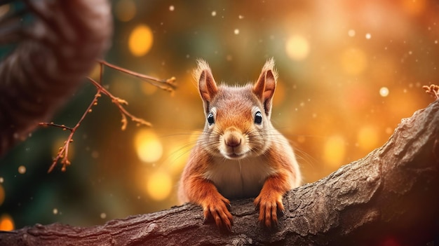 Rotes Eichhörnchen auf dem Baum Schöne Eichhörnche mit orangefarbenen Augen