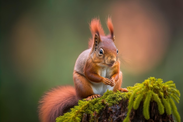 Rotes Eichhörnchen auf moosbedecktem Stamm, das auf einer Nuss kaut