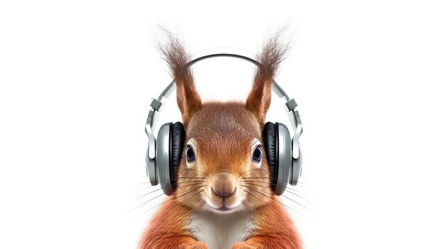 Foto rotes eichhörnchen mit kopfhörern hört musik auf einem weißen hintergrund