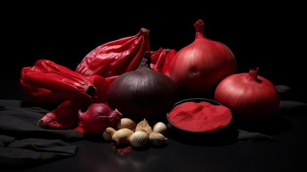 Rotes Essen auf schwarzem Hintergrund Schöne Komposition