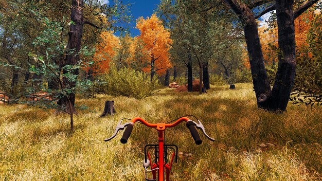 Rotes Fahrrad in einem Wald, das vom Computer in einer virtuellen Umgebung 3D-Rendering entworfen wurde