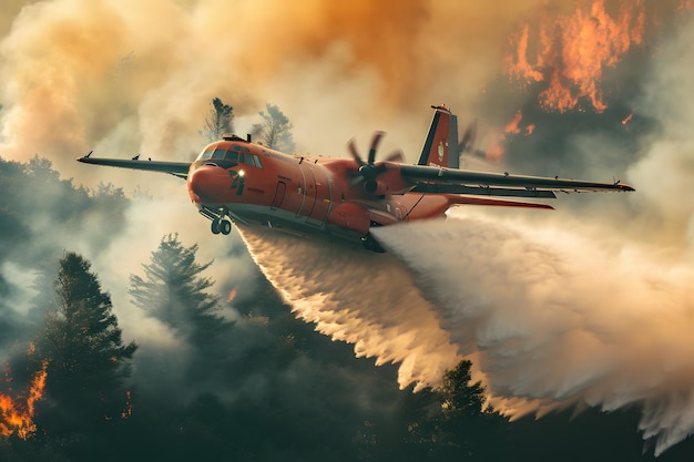 Rotes Flugzeug fliegt über Waldfeuer