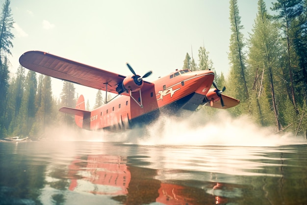 Rotes Flugzeug fliegt über Wasser mit generativer KI