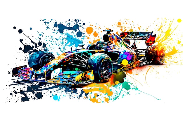 Rotes Formel-1-Rennauto auf Aquarell-Regenbogenspritzer, isoliert auf Weiß. Durch ein neuronales Netzwerk erzeugte Kunst