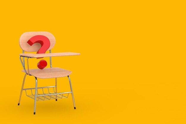 Rotes Fragezeichen und Holzvortrag Schule oder College-Schreibtisch mit Stuhl 3D-Rendering
