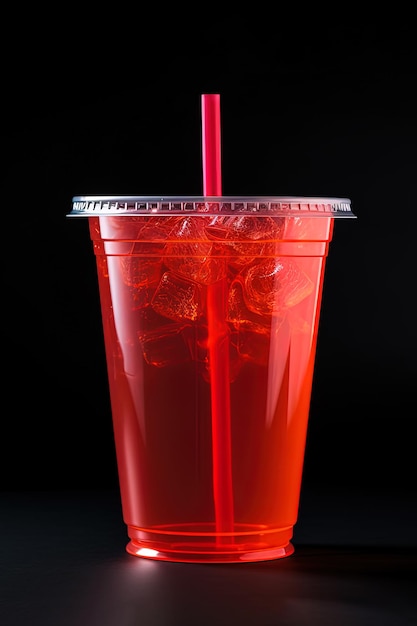 Rotes Getränk in einem Plastikbecher isoliert auf schwarzem Hintergrund Konzept für Getränke zum Mitnehmen