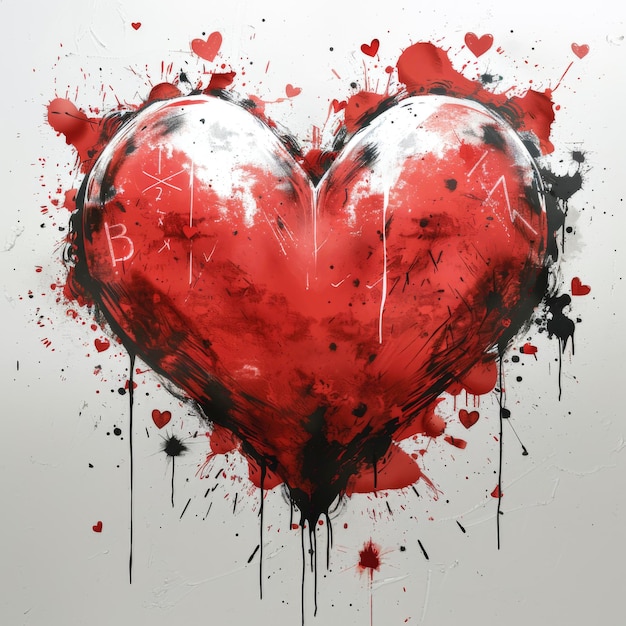 Rotes Grunge-Herz mit isolierten Farbtropfen auf weißem Hintergrund