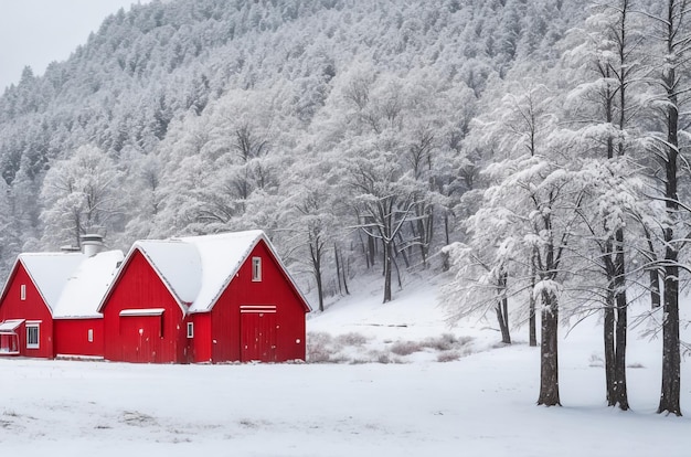 Rotes Häuschen im Winterwald mit Frost und Schnee