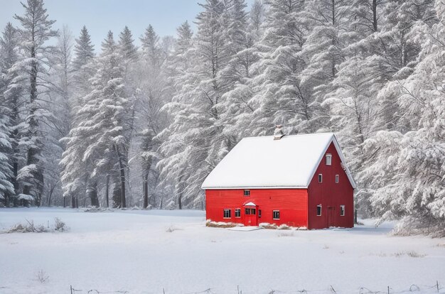 Rotes Häuschen im Winterwald mit Frost und Schnee