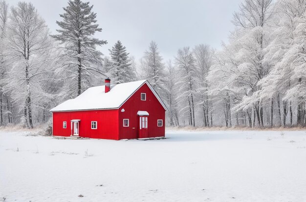 Rotes Häuschen im Winterwald mit Frost und Schnee