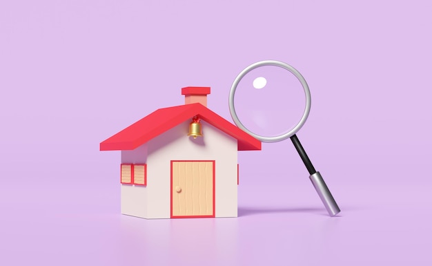 Rotes Haus mit Vergrößerungsglas, isoliert auf lila Hintergrund Online-Shopping-Suchdaten-Konzept 3D-Illustration 3D-Rendering