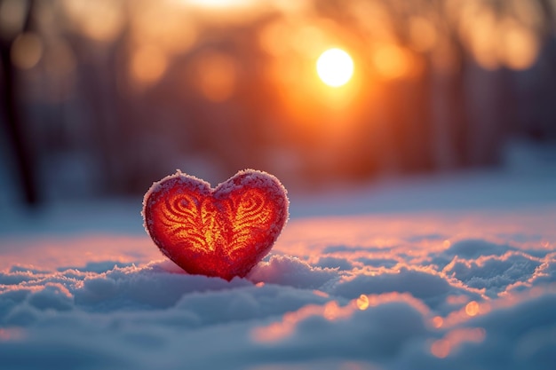 Rotes Herz des Winterliebessymbols im Schnee vor Sonnenunterganghintergrund