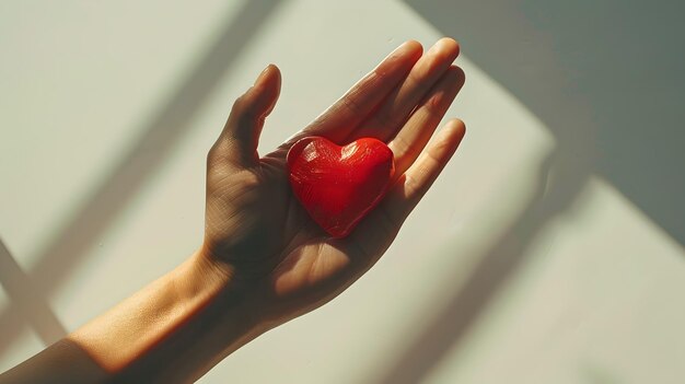 Rotes Herz im warmen Sonnenlicht in der Hand halten Ein Symbol für Liebe, Pflege und Wellness Perfektes Bild für Gesundheit und Wohltätigkeitsarbeit KI