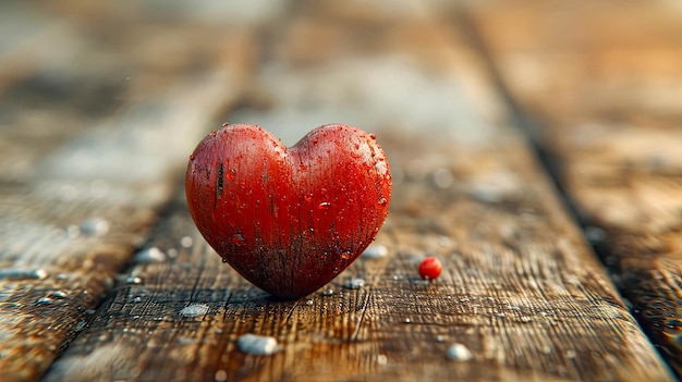 Rotes Herz mit Wassertropfen auf einem hölzernen Hintergrund Valentinstag