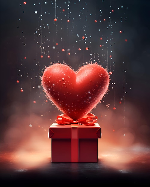 Rotes Herz und Geschenkkiste auf dunklem Hintergrund Valentinstagskonzept