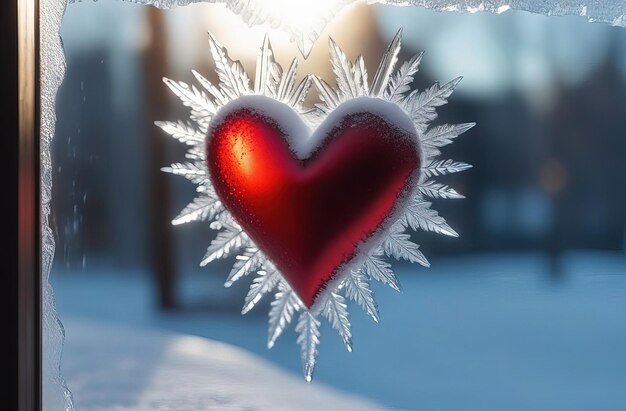 Rotes Herz zum Valentinstag auf gefrorenem Fenster mit Wald im Hintergrund. Banner perfekt für den Valentinstag