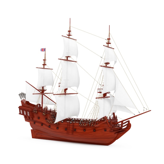 Rotes hölzernes Vintages großes Segelschiff, Karavelle, Piratenschiff oder Kriegsschiff auf einem weißen Hintergrund. 3D-Rendering